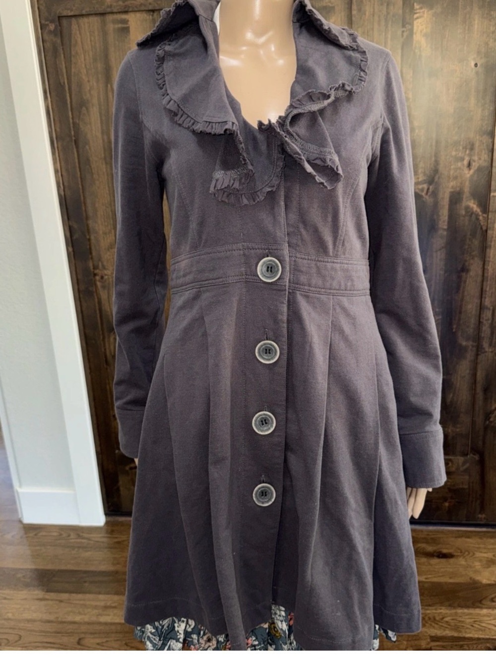 Nick & Mo Size Small Ruffle Collar Long Sleeve Dress Coat in Charcoal Gray